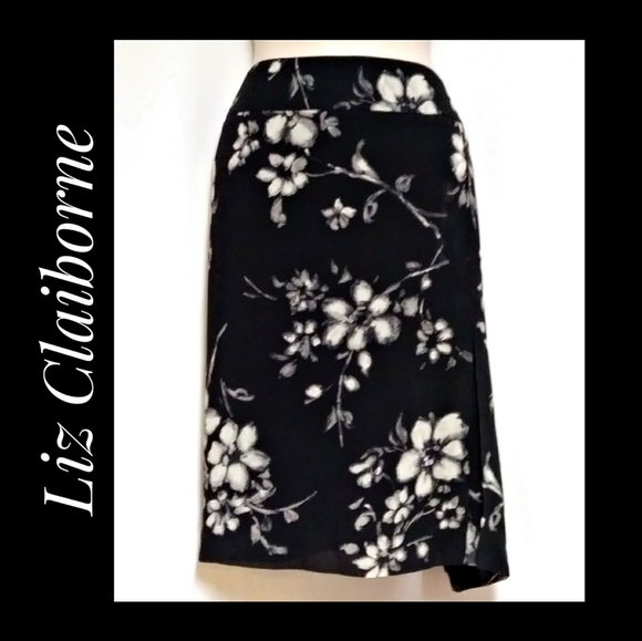 Liz Claiborne Skirt Black Cream Floral Size 14